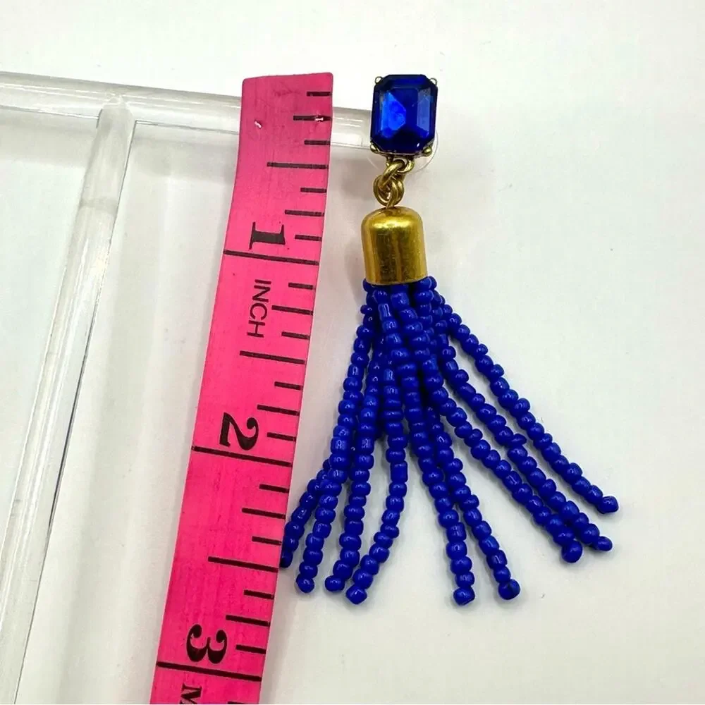 J. Crew Cobalt Beaded Tassel Earrings Casual luxe Preppy Summer Dangle Drop